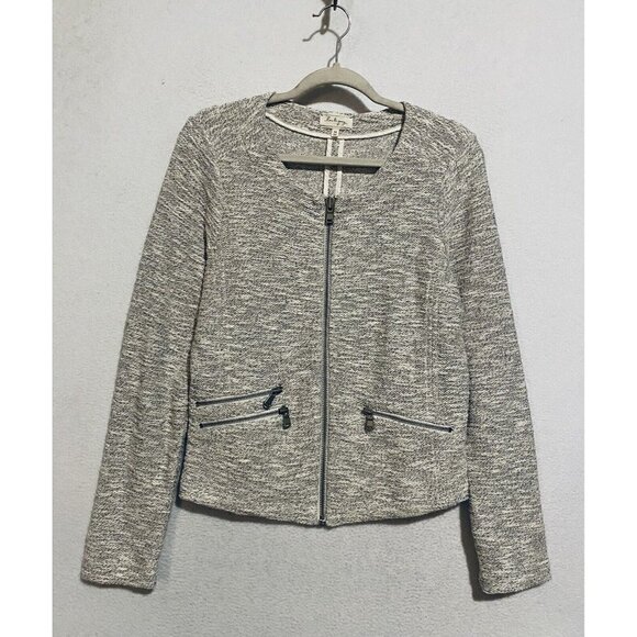 LOFT Lou Grey Jacket Womens Medium Ivory Gold Metallic Tweed Zip Up Boho - Picture 2 of 7